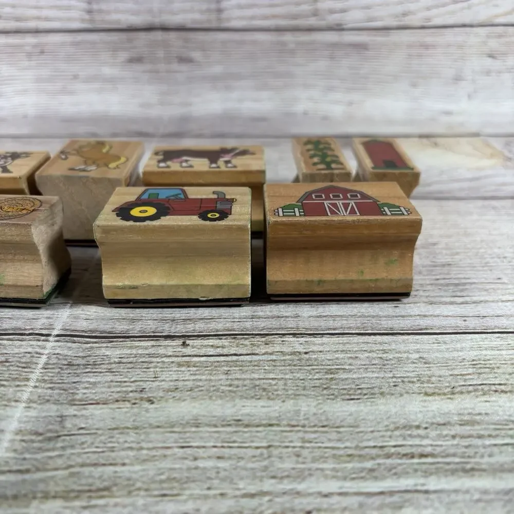 Farmhouse Wooden Rubber Stamp Lot of 17 Barnyard Animals Tractor Scrapbook